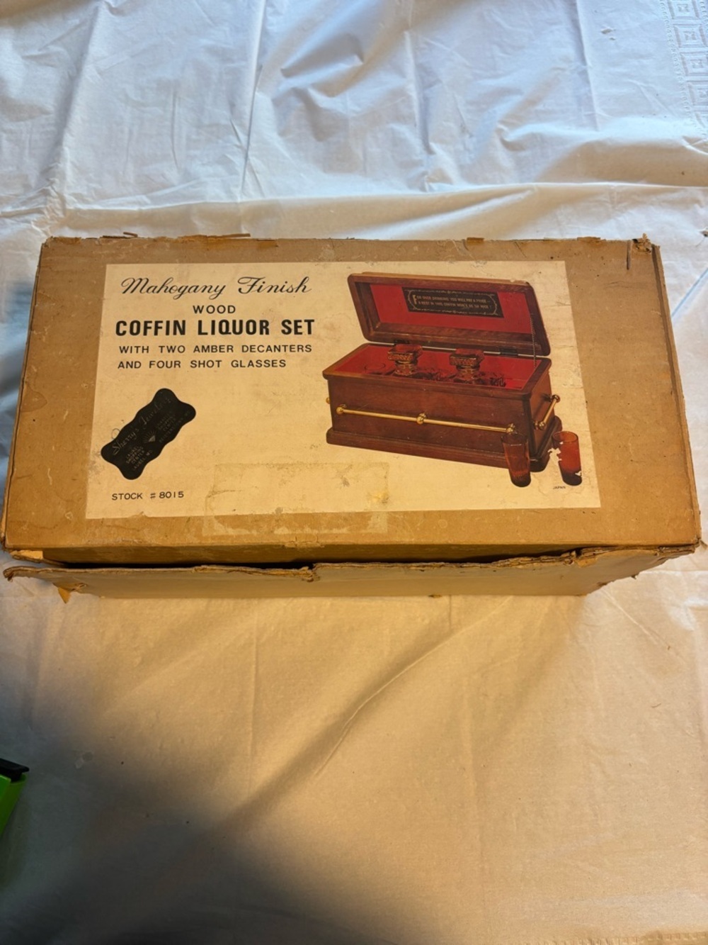 Vintage Mahogany Finish Wood Coffin Liquor Set- 2 DECANTERS + 4 SHOTS GLASSES